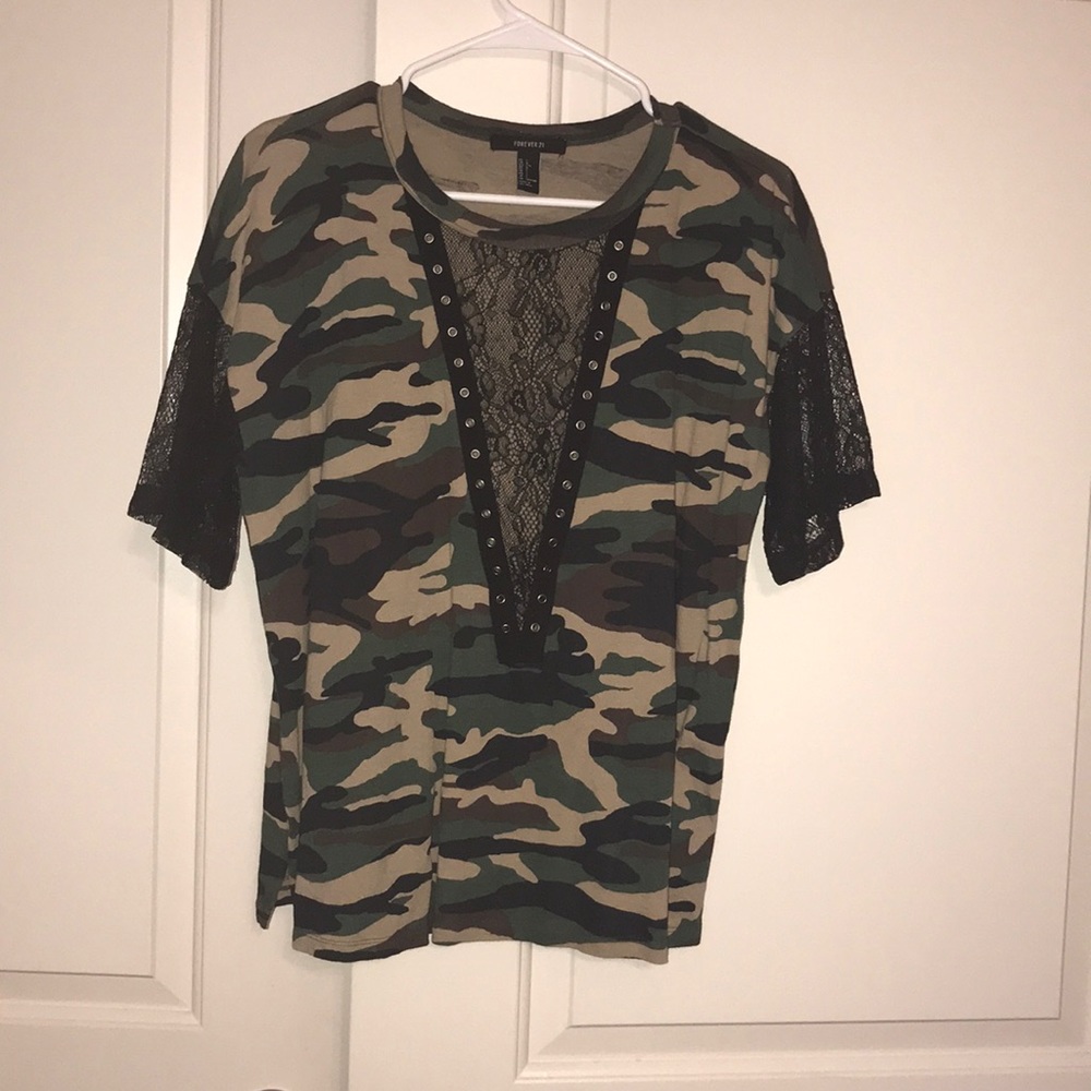 Forever21 Camo lace v-neck t shirt